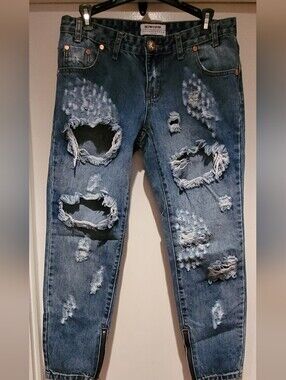 PRE-OWNED One Teaspoon Distressed Blue Women's Slim Straight Jeans  Cropped